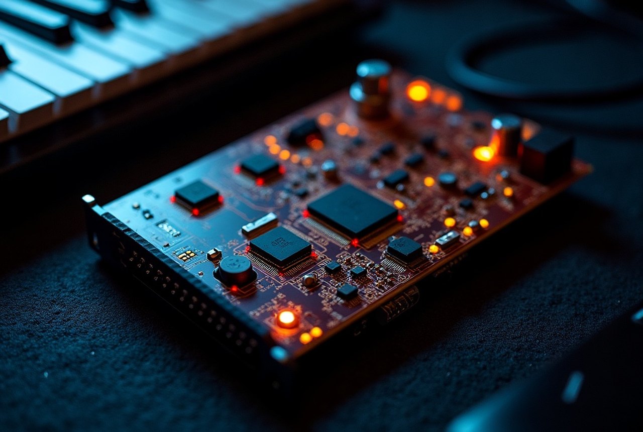 An original Creative Sound Blaster ISA card photographed close-up on dark felt, edge connector and chips catching warm amber light